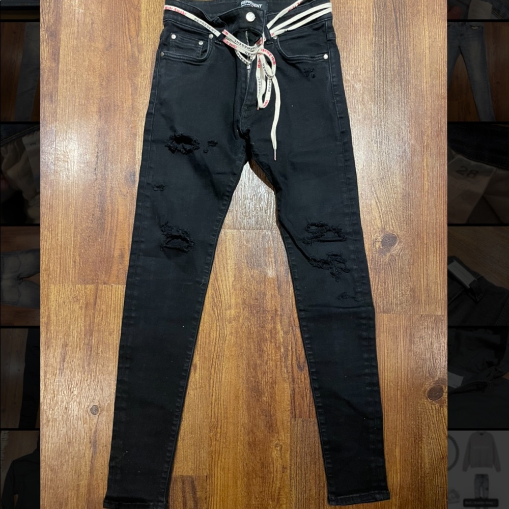 Represent black distressed skinny jeans w drawstring